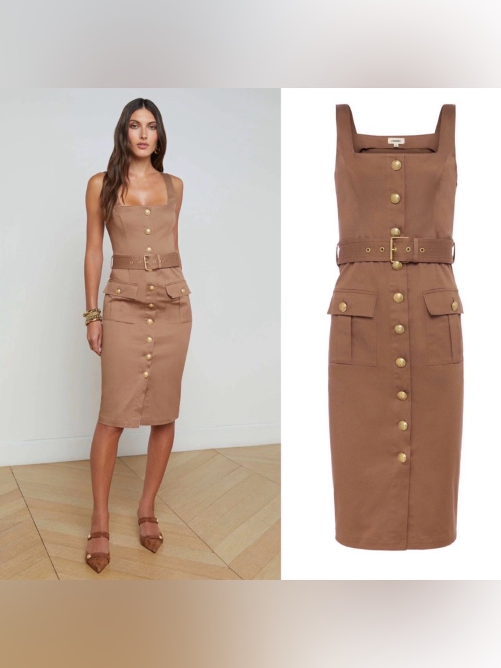 L'Agence Women's Idy Button Front Fitted Belted Dress Size 4 Brown/Gold $450